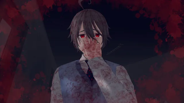 Yoko no Hanashi: Yoto covers his mouth with a bloodied hand against a red-spattered background