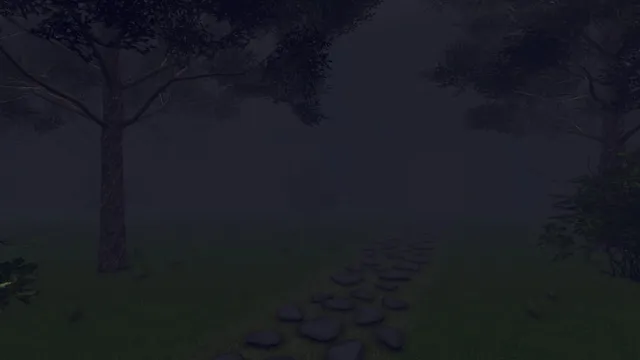 Yoko no Hanashi: a foggy path of stepping stones through trees on the college grounds