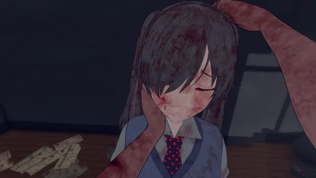 Yoko no Hanashi: a bloodied hand strokes the hair of a girl with blood on her face