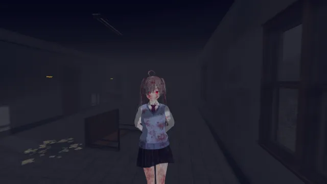 Yoko no Hanashi: Yoko stands in a dark college corridor, her uniform stained with blood