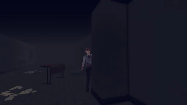 Yoko no Hanashi: Yoto watches from behind a wall at the end of a dark hallway