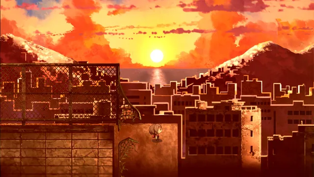 Yomawari: Lost in the Dark screenshot: the girl on a rooftop over a ruined town at sunset, mountains and sea behind
