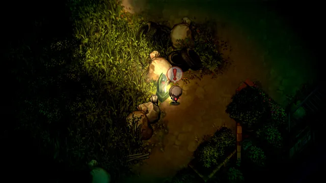 Yomawari: Lost in the Dark screenshot: the girl seen from above by a small green statue in dark grass, an exclamation mark over her head
