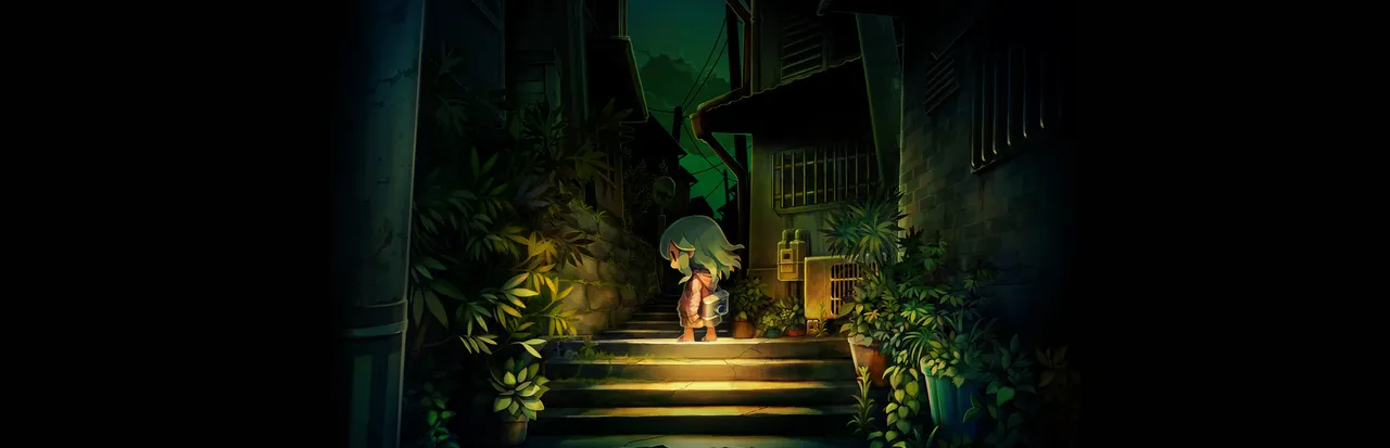 Yomawari: Lost in the Dark key art: a small girl with long pale hair stands at the top of lit stone steps in an overgrown alley at night
