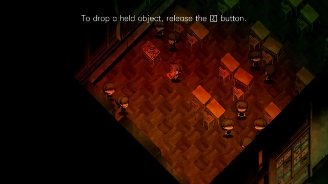 Yomawari: Lost in the Dark screenshot: a classroom of faceless students standing around desks, insults scrawled in red on one desk