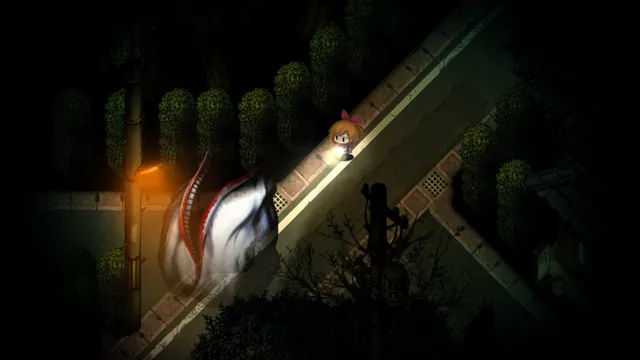 A girl with a flashlight walks a night road while a huge pale spirit with a row of red teeth looms by the streetlight