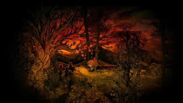A girl sits in a hilltop clearing under a large tree against an orange evening sky