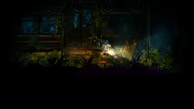 A blonde girl lights up a dark, overgrown room with her flashlight