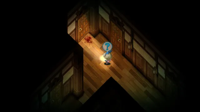 A girl with a question mark over her head stands in a dim wooden corridor next to a blood stain on the floor
