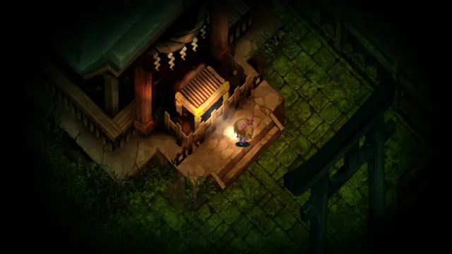 A girl with a flashlight stands at a small shrine behind a torii gate at night