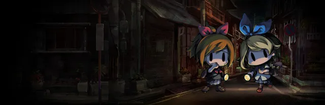 Yomawari: Midnight Shadows key art: two girls with red and blue hair ribbons holding flashlights on a dark town street