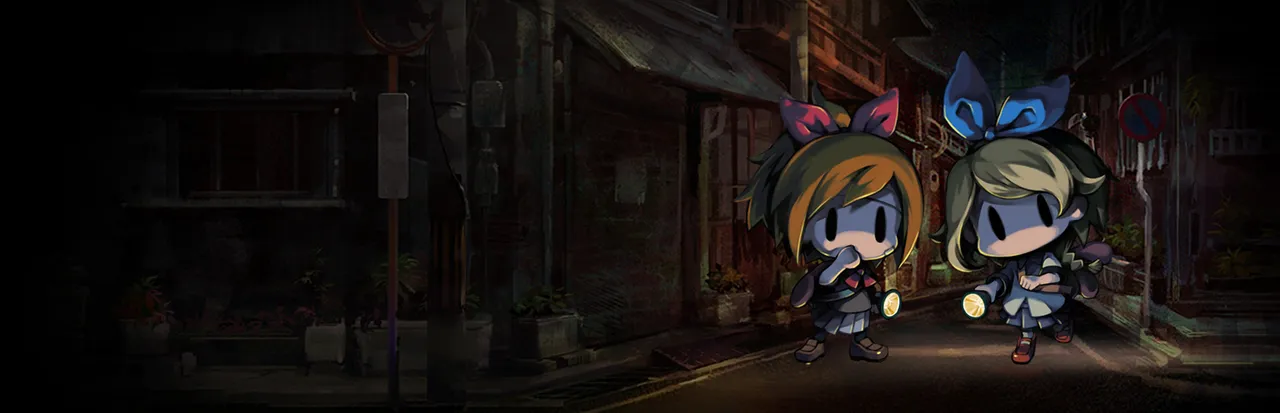Yomawari: Midnight Shadows key art: two girls with red and blue hair ribbons holding flashlights on a dark town street