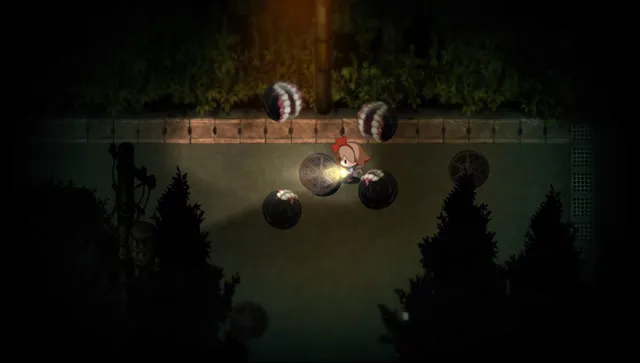 Yomawari: Night Alone screenshot: the girl surrounded by round, striped spirits on a dark street