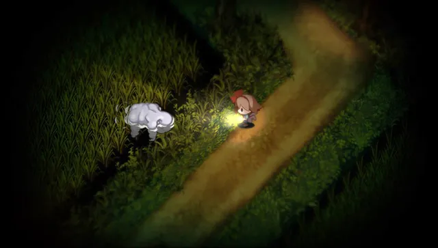 Yomawari: Night Alone screenshot: the girl shines her flashlight at a pale, lumpy spirit in a dark field beside a path