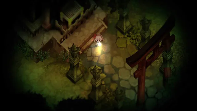 Yomawari: Night Alone screenshot: the girl with her flashlight at a shrine with stone lanterns and a torii gate