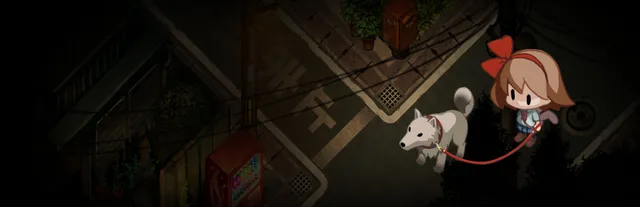 Yomawari: Night Alone key art: a little girl with a red bow walks her white dog past a vending machine on a dark street