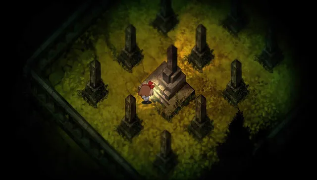 Yomawari: Night Alone screenshot: the girl among old gravestones in a cemetery at night