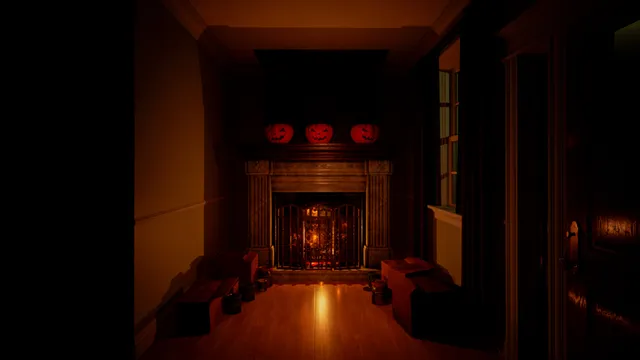 You Are Grounded screenshot: a dark living room with three carved pumpkins on the mantel above a lit fireplace