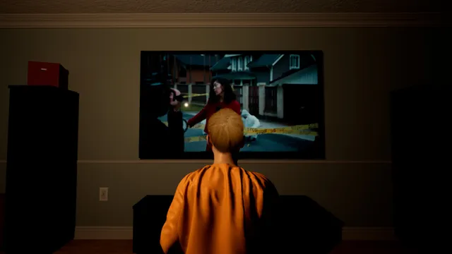 You Are Grounded screenshot: the teenager in an orange top watches a TV news report from a street with police tape