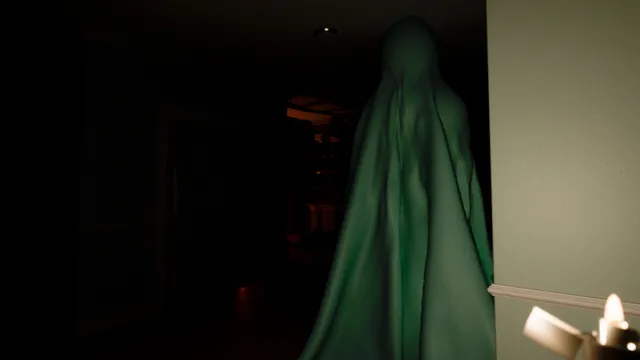 You Are Grounded screenshot: a tall figure under a green sheet stands in a dark room, lit by the player's lighter