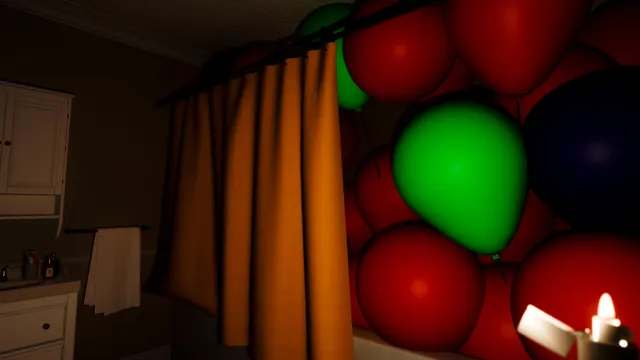 You Are Grounded screenshot: red and green balloons fill a bathtub behind an orange shower curtain