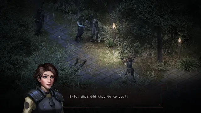 A team member in the rainy, lamp-lit garden at night as shambling figures attack, with the line Eric, what did they do to you