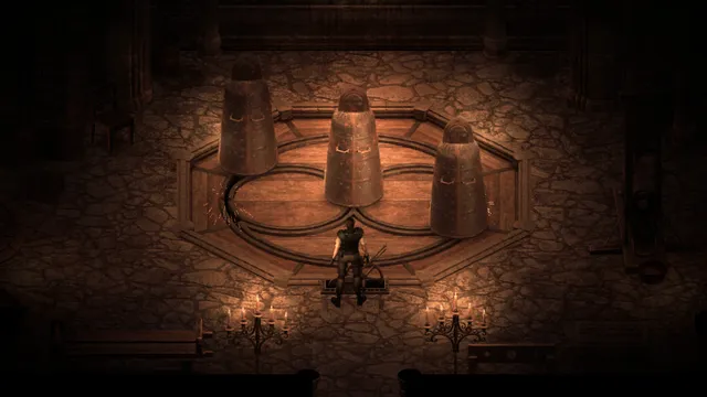 A soldier standing before three iron maidens on a circular stage in a candlelit stone room