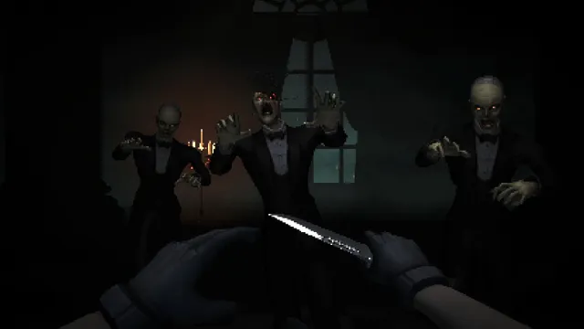 First-person view holding a combat knife as three undead servants in evening dress, eyes glowing red, reach out in a dark room