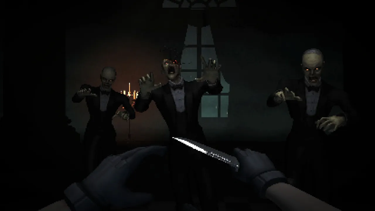 First-person view holding a combat knife as three undead servants in evening dress, eyes glowing red, reach out in a dark room