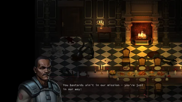 Top-down view of a bloodied dining hall with a lit fireplace, bodies on the checkered floor and a soldier's portrait in the dialogue box