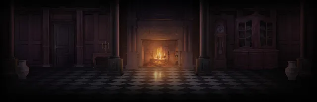 A dark mansion hall with a burning fireplace, a grandfather clock and a checkered marble floor