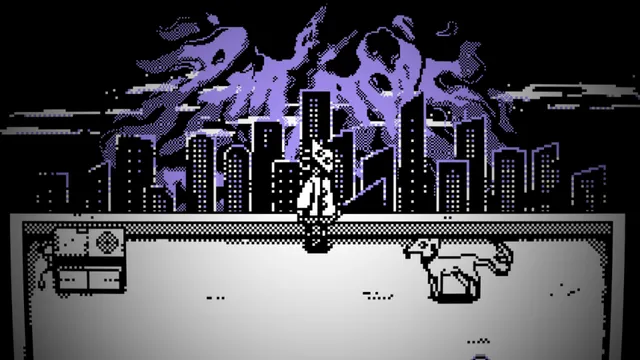 The player and the dog on a rooftop under a violet mass of tentacle-like shapes filling the sky over the city
