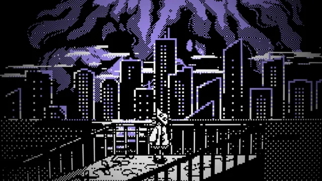 The player standing on a balcony looking out at dark towers and the violet creature in the sky