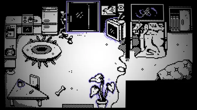 Top-down view of the cluttered apartment with a kitchen, a television, a bed, a plant and scattered dog toys