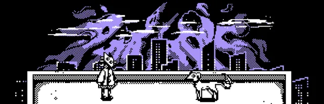 You Will (Not) Remain art: a figure and a dog on a rooftop in black and white pixel art, with a violet tentacled mass rising over the city skyline