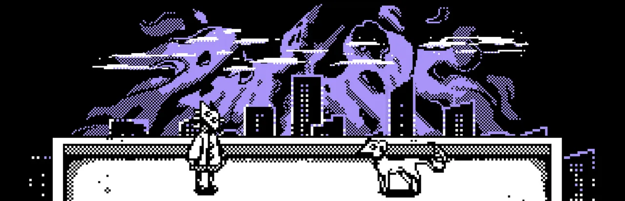 You Will (Not) Remain art: a figure and a dog on a rooftop in black and white pixel art, with a violet tentacled mass rising over the city skyline