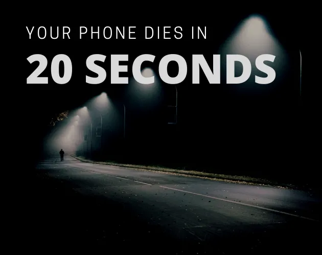Your Phone Dies in 20 Seconds cover: a lone figure walks under streetlights on a dark empty road beneath the title