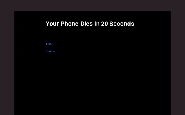 The game running in the browser: the title in white on black, with Start and Credits links
