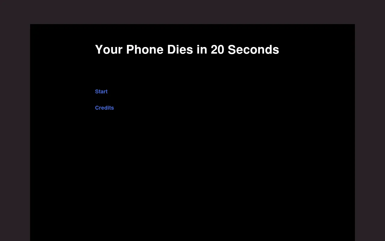 The game running in the browser: the title in white on black, with Start and Credits links