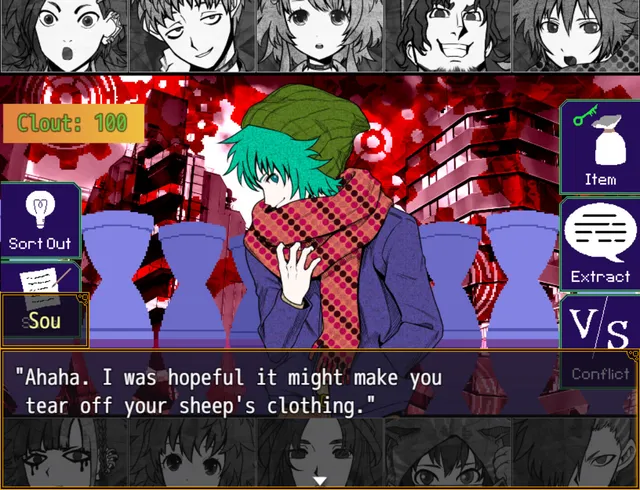 A discussion screen: a young man in a green beanie and scarf speaks over a red background, with the Clout meter, Item, Extract and Conflict buttons and portraits of the others