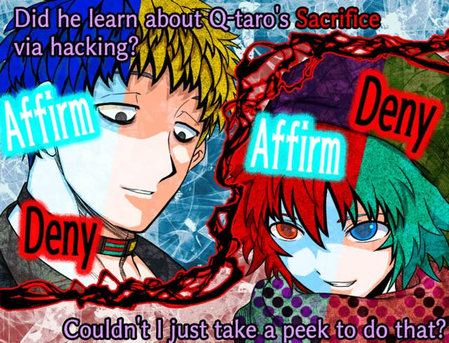 Two characters face each other split by Affirm and Deny choices over a question about a sacrifice