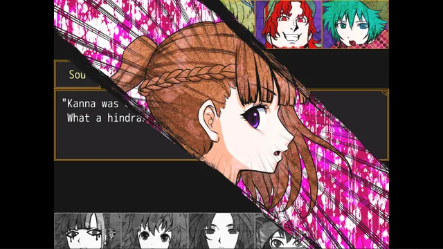 Sara's face cuts across the screen in a dramatic close-up over a dialogue box, with the captives' portraits above and below