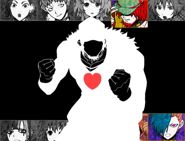 A huge white silhouette with a red heart on its chest, surrounded by worried portraits of the captives