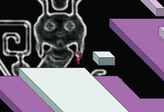 Yume Nikki screenshot: Madotsuki stands beside a huge face drawn in white lines on a black void, among purple blocks