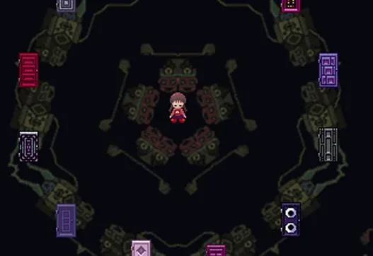 Yume Nikki screenshot: Madotsuki in the middle of the dark circular hub ringed with coloured doors