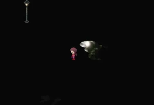 Yume Nikki screenshot: Madotsuki alone in a black wilderness, lit by a single street lamp, near a pale shape