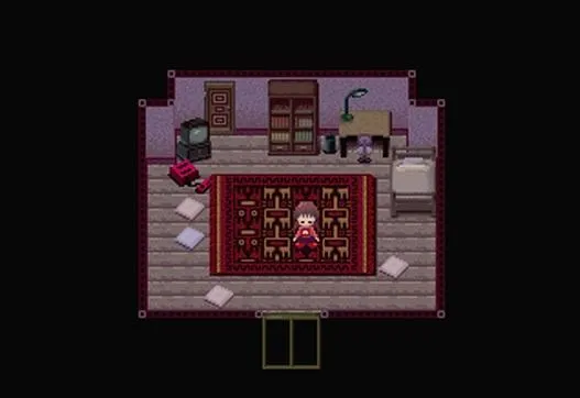 Yume Nikki screenshot: Madotsuki's small apartment bedroom with its bed, desk, television and patterned rug