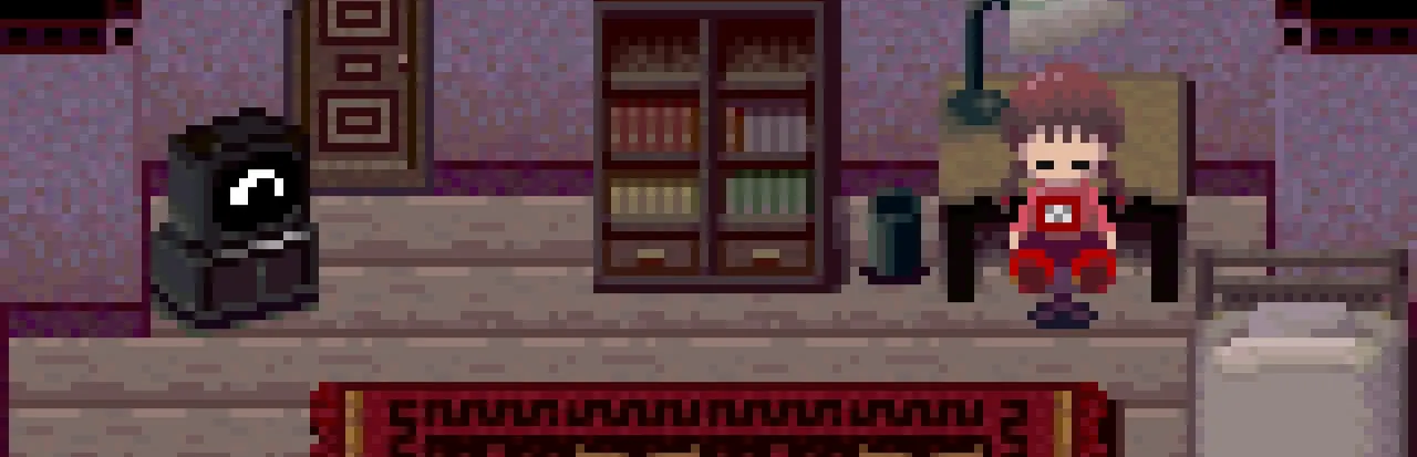 Yume Nikki key art: pixel-art Madotsuki sitting in her bedroom beside a television, a bookshelf and a desk lamp