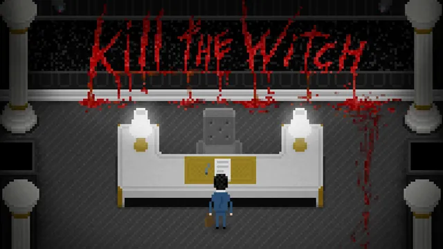 Yuppie Psycho: Brian with his briefcase stands at a reception desk under the words KILL THE WITCH written in dripping blood