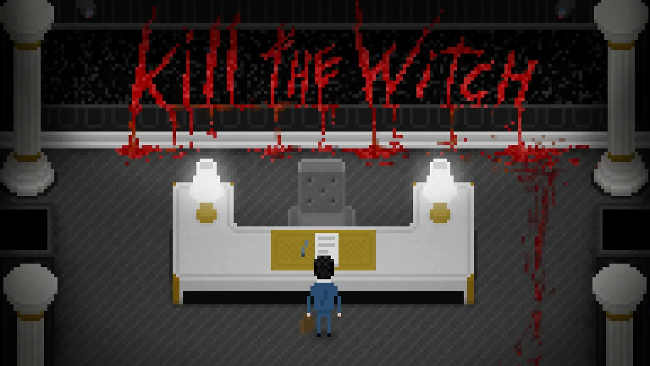 Yuppie Psycho: Brian with his briefcase stands at a reception desk under the words KILL THE WITCH written in dripping blood